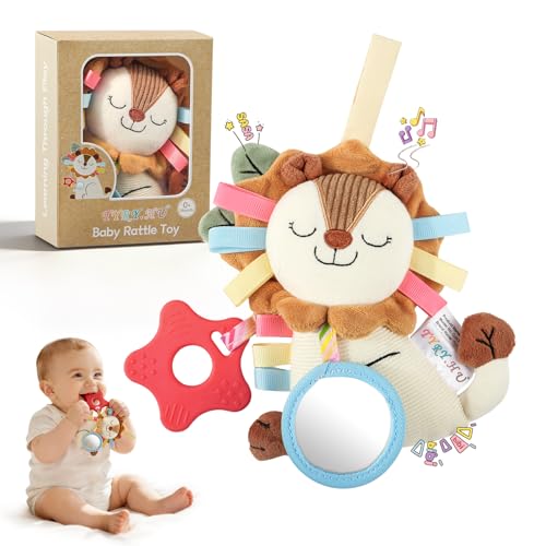TYRY.HU Hochet Sensoriel pour Bébé,Jouet pour Poussette avec Sangle,Jouet en Peluche Souple avec Anneau de Dentition Étoile,Couineur et Miroir,Jouet Apaisant pour Fille Garçon 0 3 6 12 Mois