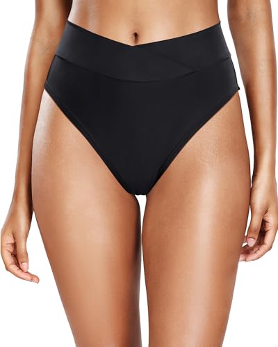 Tempt Me Women's High Waisted Bikini Bottom Crossover V Cut Bathing Suit Swim Bottom
