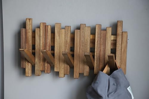 Image of Natural Wood Wall Mounted Piano Coat Rack| Coat Rack Wall Mount| Flip Down Wall Hook Rack 5 Hooks| Entryway Wall Art Hook,Made of Acacia Wood (Wood Wax Oil staining Light Brown).