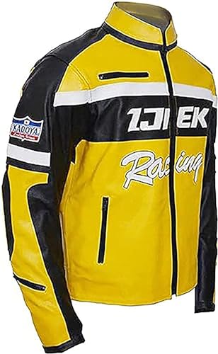 Men’s Chuck Greene Jacket Biker Racer Yellow & Black Motorcycle Biker Leather Jacket3