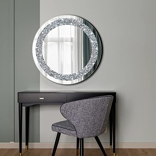 Qmdecor Round Wall Mirror For Home Decoration In Crystal Crush Diamond Silver 24X24X1 Inch Wall Hang Frameless Mirror Glass Diamond Décor. #TOP3