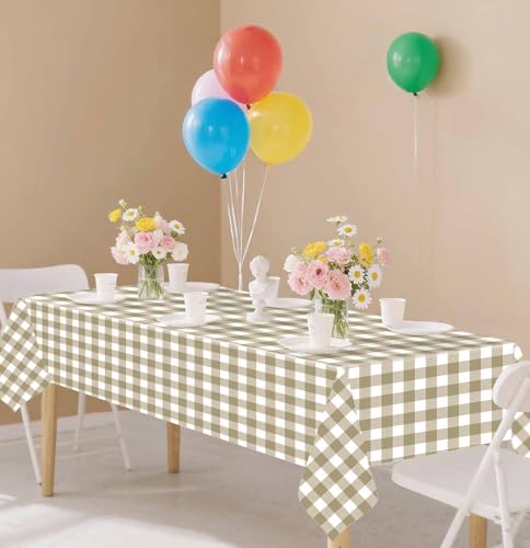 Image of SietDESEO 2 Pack Brown Gingham Tablecloth Rectangle 54 x 108 Brown and White Checkered Table Cloth Disposable Plaid Table Cover Plastic for Birthday Baby Shower Picnic Wedding Party Supplies