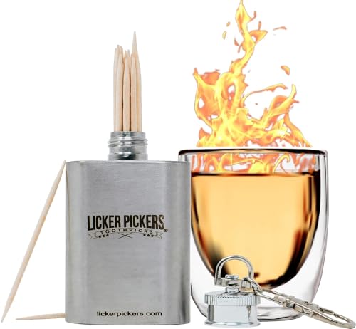 Licker Pickers Fireball Flavored Toothpicks - 25 White Birch Aged in Premium Spirits. Includes 2oz Flask