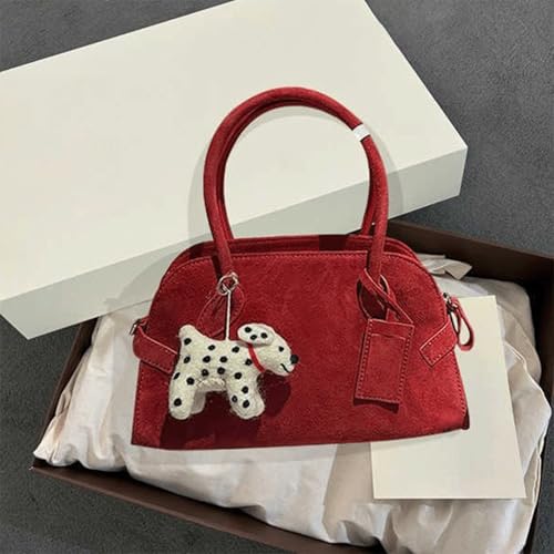 Suede Purse Red Cute Suede Bag Soft Satchel Purse for Women Cute Bowler Handbag with Dog Charm Top Handle Shoulder Bags 20253