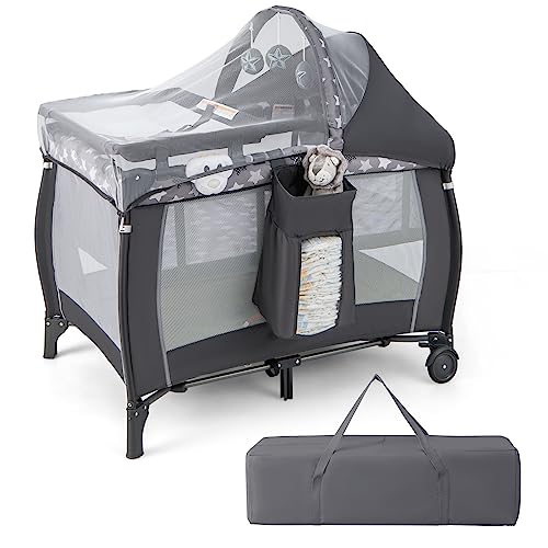Image of HONEY JOY Pack and Play with Bassinet, 4-in-1 Portable Baby Playard with Changing Table, Net & Cute Toys, Diaper Storage Bag, Music Box, Wheels with Brake, Foldable Newborn Play Yard w/Carry Bag