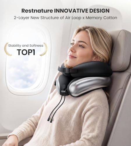 Image of Neck Pillow, Upgraded Adjustable Travel Neck Pillow for Airplane - Patented Inflatable Design with Memory Foam for 360 Ergonomic Head & Neck Support (Gray-M)