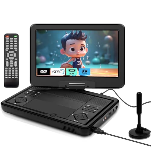 12.5' Portable TV/DVD Player Combo - 10.1' HD Swivel Screen, Digital Tuner/HDMI/USB/AV, Built-in Battery, High Volume Speakers - Perfect for Car/Travel