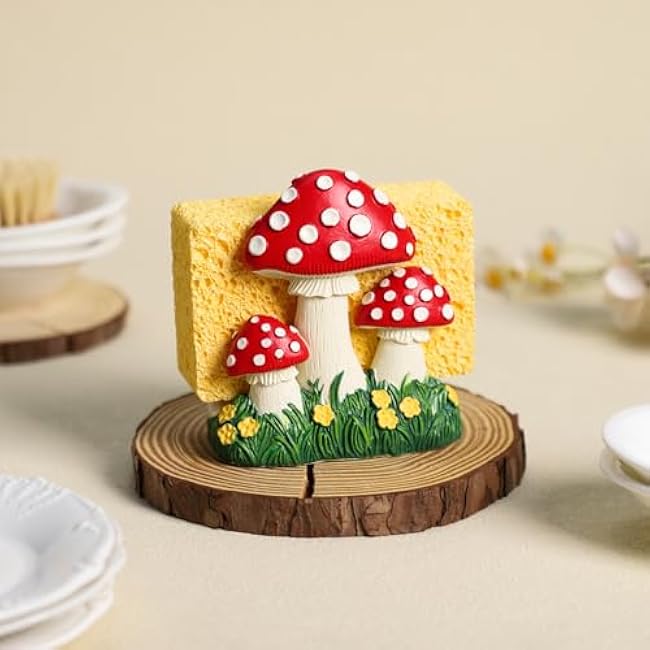 Resin Mushroom and Flower Shape Sponge Holder for Kitchen Sink, Compact Sink Caddy Organizer, Scouring Pad and Dish Sponge Holder