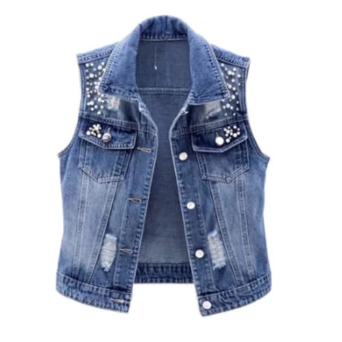 Women's Pearl Denim Vest Summer Jeans Jacket Sleeveless Tops Loose Short Coat Waist Coats Outerwear2