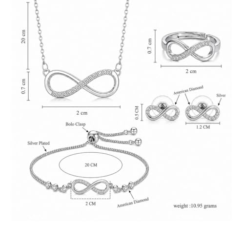 Image of Nilu's Collection Infinity Bracelet, Pendant, Ring and Earring set for Women | AD Stone | Anti Tarnish | Light Weight