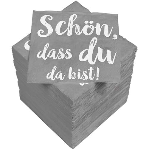 HEKU ’Schön dass du da bist’ Cocktail-Servietten, 3-lagig, 25x25cm, 150 Stück I Stilvolles Design I Ideal für Feiern I Praktisch Verpackt