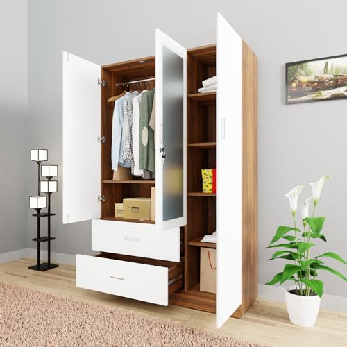 Image of VIKI Wardrobe | Wooden Almirah for Clothes,Door for Bedroom, 3 Door Wardrobe with Drawer, Mirror & Hanging Space (Brussel Walnut, Frosty White - 40D x 120W x 180H) | 1 Year Warranty | Free Assembly