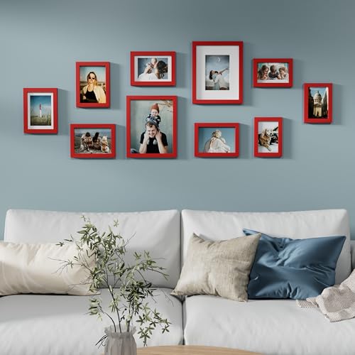 Image of Vittanly 10 Pack Picture Frames Collage Wall Decor, Gallery Frame Set for Wall Mounting or Tabletop Display, Multi Sizes Including 2pcs 8x10, 4pcs 5x7, 4pcs 4x6, Red