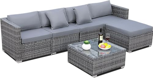 LIFERUN Conjunto de muebles de jardín de polirratán para balcón, 6 piezas, resistente a la intemperie, juego de muebles de jardín para hasta 6 personas, muebles de exterior de terraza, incluye sillón