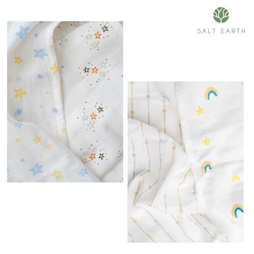 Salt Earth 100% Organic Cotton GOTS Certified 2-Layered Swaddle Baby Blanket, 4 Pack,47\"x47\" Receiving Blankets for Swaddling,Wrap for Boy & Girl, Newborn Baby Essentials, Registry (Star & Rainbow)