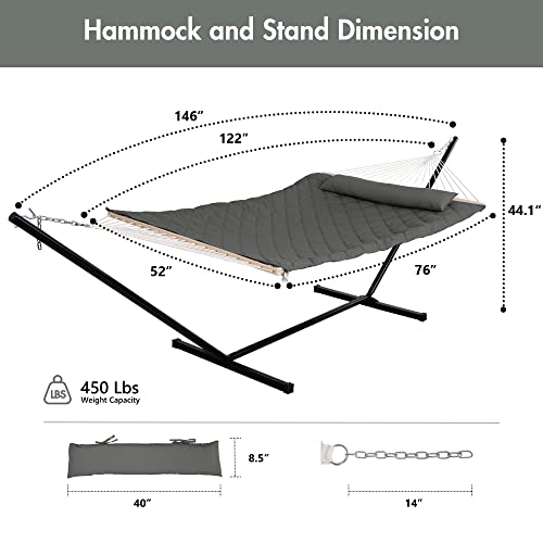 Anow Outdoor Hammock With Stand 12Ft, Heavy Duty Hammock With Steel Stand, Included Detachable Pillow And Hammock Pad, 450 Lbs Weight Capacity, Gray #TOP5