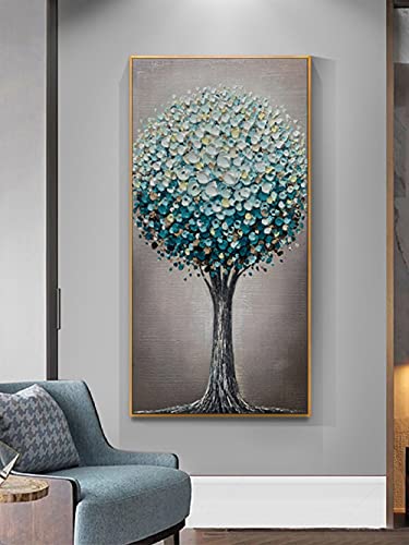 Peinture à l'huile salon moderne : grand tableau arbre de fortune pour entrée lumineuse