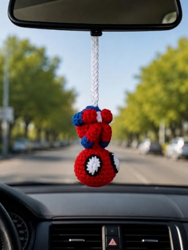 Image of Handmade Crochet Spiderman Car Charm, Red and Blue, 11.5cm x 6.5cm, Gift for Him