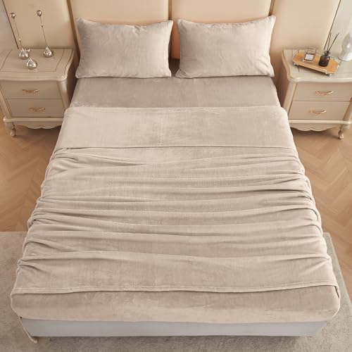Image of Viviland Plush Micro Fleece Bed Sheet Set - Soft Fuzzy Polar Fleece Velour Velvet Sheets - Extra Warm Winter Fleece Bed Sheets with 15 inch Deep Pocket - Sand /Beige - King | Soft Flannel-like Fleece, 100% Polyester, Fluffy Velvety Feel, 200GSM, 15 inch Deep Pocket, Warm Winter Gift & Decor