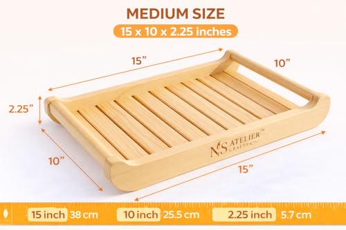 Image of Natural Pine Wood Serving Tray with Handles 12 x 8 Inches Natural Wax Polished Wooden Tray Strong, Easy to Clean Small Serving Tray (1, Medium)