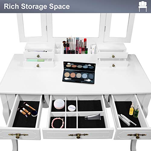 Vanity Beauty Station,Large Tri-Folding Necklace Hooked Mirrors,6 Organization 7 Drawers Makeup Dress Table with Cushioned Stool Set - White