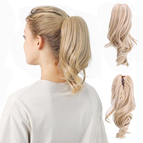 DAYCEN Wavy Hair Claw Ponytail Extension, Clip In Medium Length Synthetic Wave Ponytails For Women Girls (Medium Blonde)