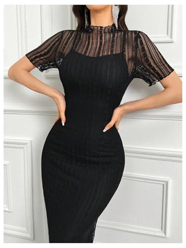 Floerns Women's Contrast Lace Mock Neck Pencil Dress Mesh Short Sleeve Slit Midi Dresses4
