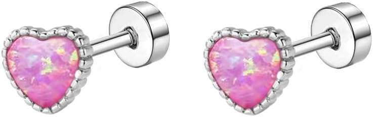 18G Opal Pink Heart Love Flat Screw Back Stud Earrings for Women Teen Cute Titanium Surgical Steel Tiny Glitter Hearted Cartilage Piercing Sleeper Studs Sensitive Ears