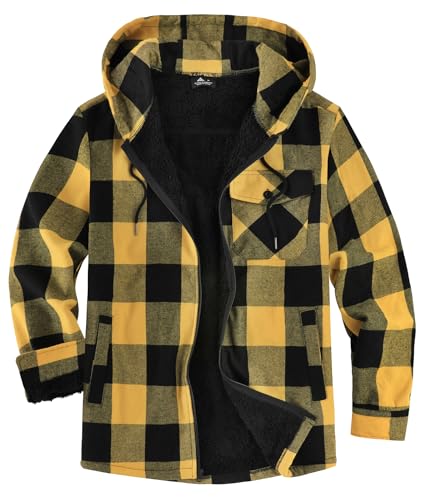 Image of V VALANCH Men's Sherpa Lined Flannel Jacket with Hood - Zip Up Plaid Shirt Jacket Winter Outdoor Warm Outerwear Fleece Coat