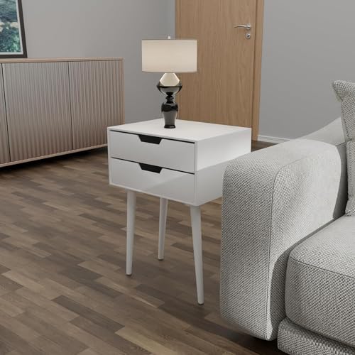 Image of Night Stand,End Table for Bed Nightstand with Drawers, Side Table with Storage, Solid Wood Table Legs,A Shaped Suitable for Small Spaces, Living Room, Bedroom, White (White)