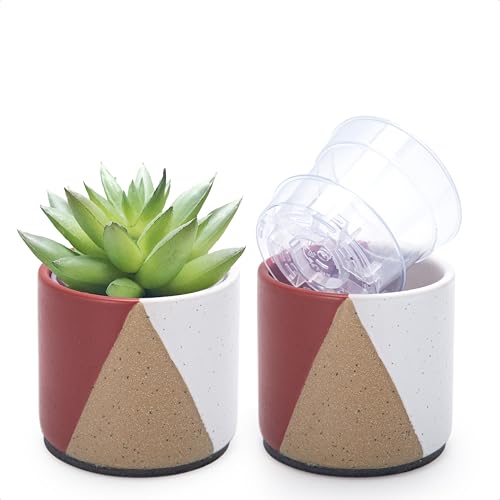 D'vine Dev 3.5" Stoneware Cachepot Planter with 3" Clear Nursery Pot & Detachable Saucer – Indoor Plant Pot with Drainage for Bottom Watering & Root Visibility, Crimson Dune, Set of 2, 93-V-A-4