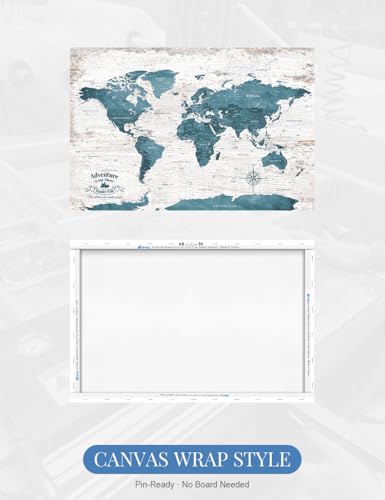 Image of IPIC - Vintage Teal World Map Canvas Wall Art, Push Pin World Map to Track Your Travels, Rustic Style Wall Decor for Home, Office, Living Room or RV, Ready to Hang, Made in USA