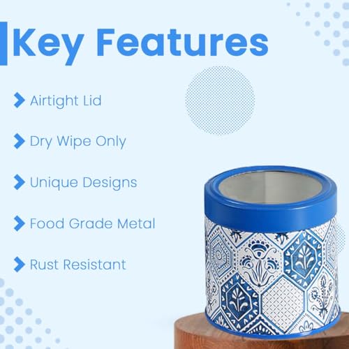 Image of Maroc Collection Airtight Kitchen Container Set| 450ML- Set of 4| Food Grade Metal Jars for Spices, Seeds, Green Tea & Dry Storage| Vacuum Lid, Rust Resistant, Stylish Moroccan Blue Canisters