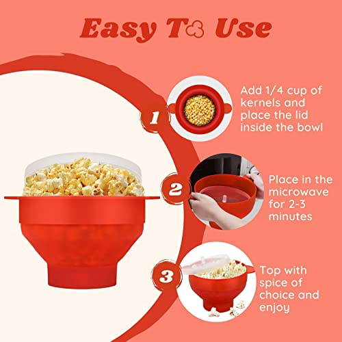 Flexzion Silicone Microwave Popcorn Popper Bpa Free Collapsible Popcorn Bowl Microwavable Pop Corn Maker With Lid And Handle Dishwasher Safe Silicon Bucket For Parties And Movie Nights, Red #TOP3