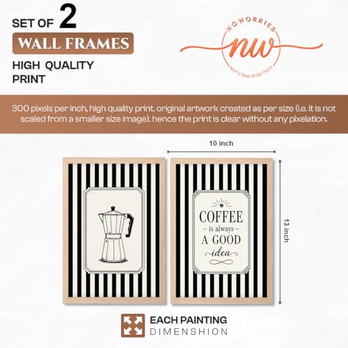 Image of NoWorries Coffee Wall Art Frames Set of 2 | Framed Black & White Coffee Quote Prints, Vintage Kitchen & Bar Decor for Home, Cafe & Dining Room Artwork Framed Paintings (Art-21, 10x13inch)