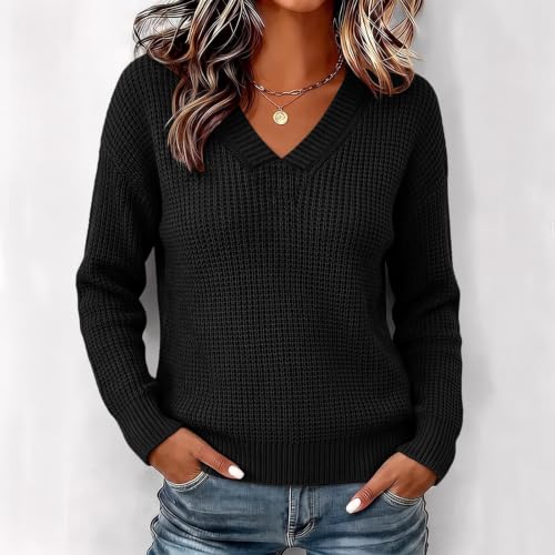 Womens Sweaters V Neck Waffle Knit Pullover Relaxed Fit Fall Winter Tops - image 2
