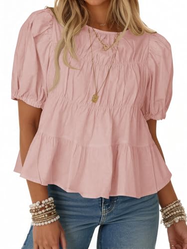 Image of Tankaneo Womens Puff Sleeve Peplum Babydoll Tops Summer Flowy Pleated Cotton T-Shirts Casual Loose Fit Cute Blouse