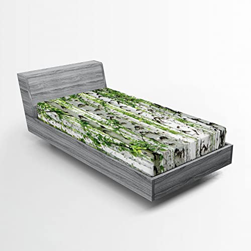 Ambesonne Forest 2 Pack Fitted Sheet, Wildlife Nature Summer, Bed Cover All-Round Elastic Deep Pockets 2 Pieces, Package Contains 2 Twin XL Size Fitted Sheets, White Grey Green