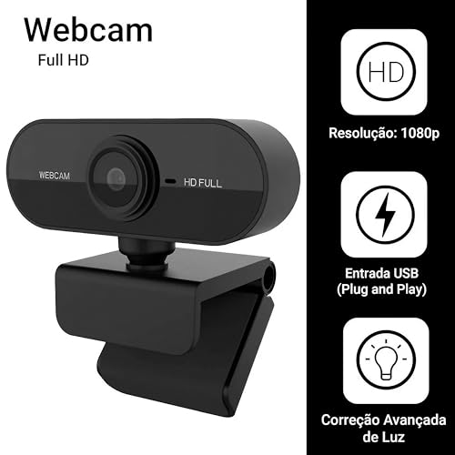 Webcam Full HD 1080p com Microfone - Para Home Office e Videoconferências, Preto