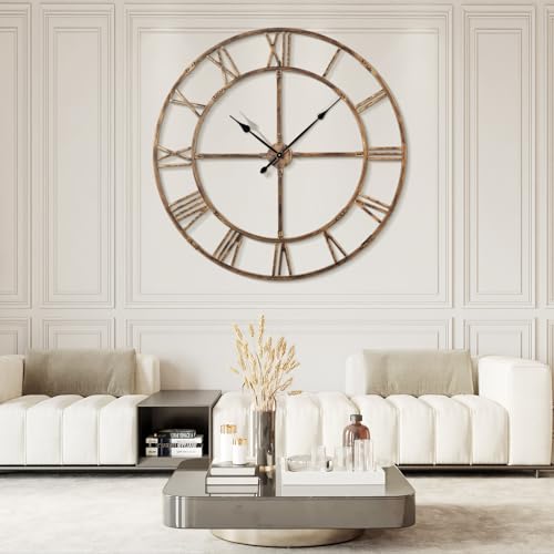 Ohweog 60 Inch Large Wall Clock for Living Room Decor – Easy-Assembly (KD) Silent Non-Ticking Modern Farmhouse Wall Clock, Oversized Decorative Metal Roman Numeral Clock (Bronze, 60 Inch)