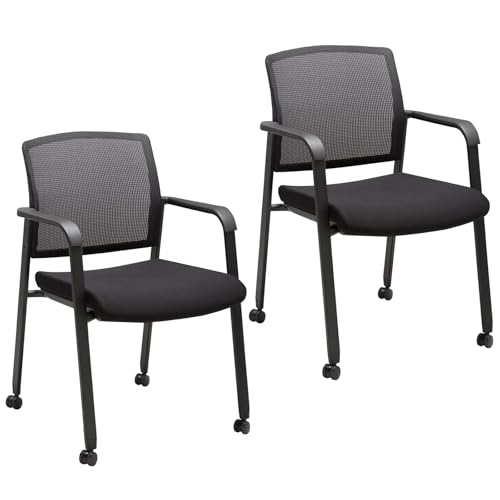 Image of CLATINA Mesh Back Guest Reception Arm Chairs with Wheels, Waiting Room Chairs with Upholstered Fabric Seat and Ergonomic Lumbar Support for Office Conference School Church Black (2 Pack)
