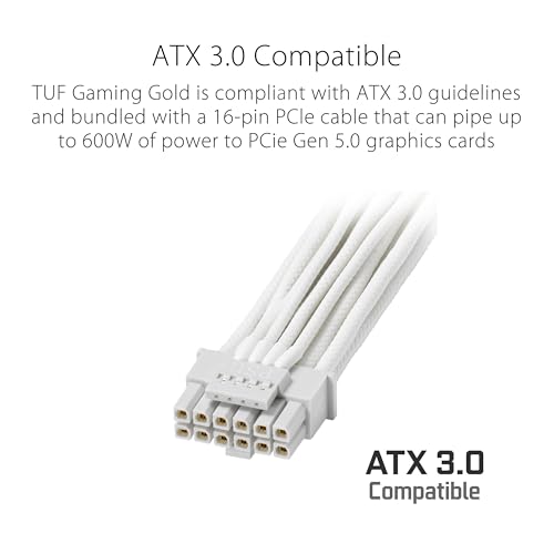 ASUS TUF Gaming 1000W Gold White Edition – Bloc d'alimentation (1000 Watt, modulable, 80+ Gold, ATX 3.1, PCIE 5.1, Ventilateurs axiaux à Double roulement à Billes, Revêtement Protecteur PCB)