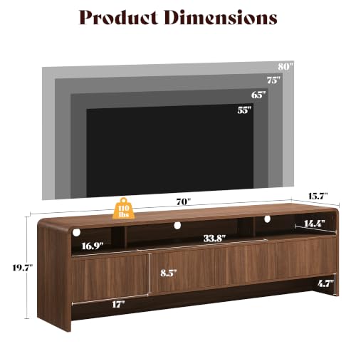 Image of AMERLIFE 70 inch Modern TV Stand for TVs Up to 80 inch, Wood TV Console with Curved Profile Design & 2 Storage Cabinets, Media Console Entertainment Center for Living Room, Brown