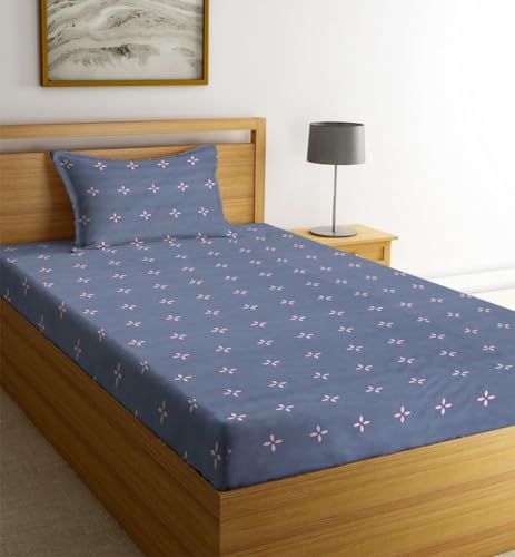 Image of NEW LEAF Glace Cotton 220 TC Flat Single Bedsheets For Summer Breathable | Wrinklefree (Size-60 X 90 Inch) With 1 Pillow Covers (Size-17 X 27 Inches, Floral, Dark Grey Star Print), Small Single