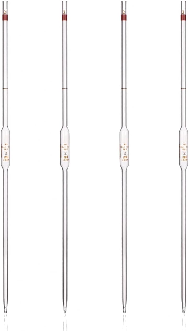 King Mariot Medical Equipments Pack of 4 Heavy Duty Borosilicate Graduated Glass Bulb 2ml Volumetric Pipette Capacity For Labware Biology Chemistry Laboratory