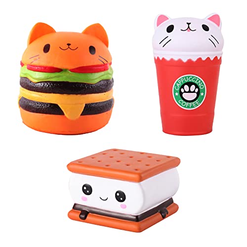 ANBOOR Juego de 3 estrujables de comida, diseño de gato Kawaii para hamburguesas, taza de café para gatos, galletas para niños Cover