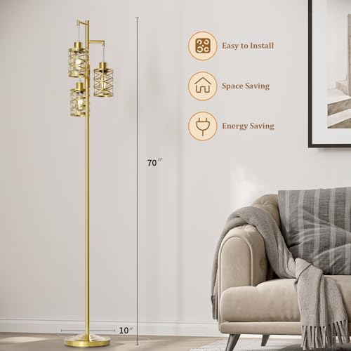 Image of Oneach 70 inch Industrial Floor Lamp, Stepless Dimmable Standing Lamp with 3 Bulbs, Farmhouse Corner Standing Tree Lamp for Living Room, Tall Lamps for Bedroom, Office, Study Room, Dining Room, Gold