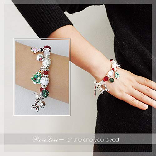 Rarelove Christmas Snowflake Charm Beaded Bracelet Stretch Strand Elastic Crystal Silver Tone Dangle Xmas Tree Reindeer Women Girls #TOP3