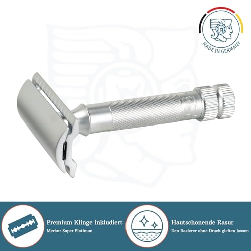 Image of MERKUR 34 Double Edge Safety Razor - Matte Chrome | Heavy Duty Knurled Brass Handle | Made in Germany | Plastic-Free | Two Piece Design | Closed Comb | Straight Bar
