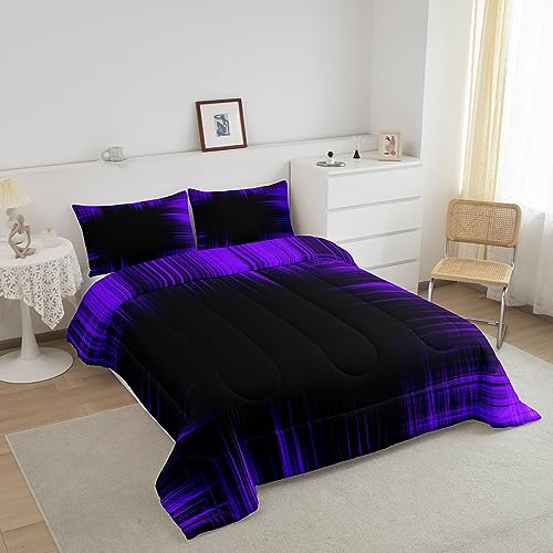 Image of Feelyou Abstract Ombre Bedding Set King, Purple and Black Comforter for Kids Boys Girls Geometric Artistic Smear Comforter Set Stripes Duvet Set 3Pcs